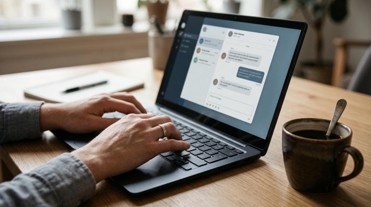 Person tippt am Laptop in das geöffnete Chatfenster eines KI-Chatbots, daneben eine Tasse Kaffee