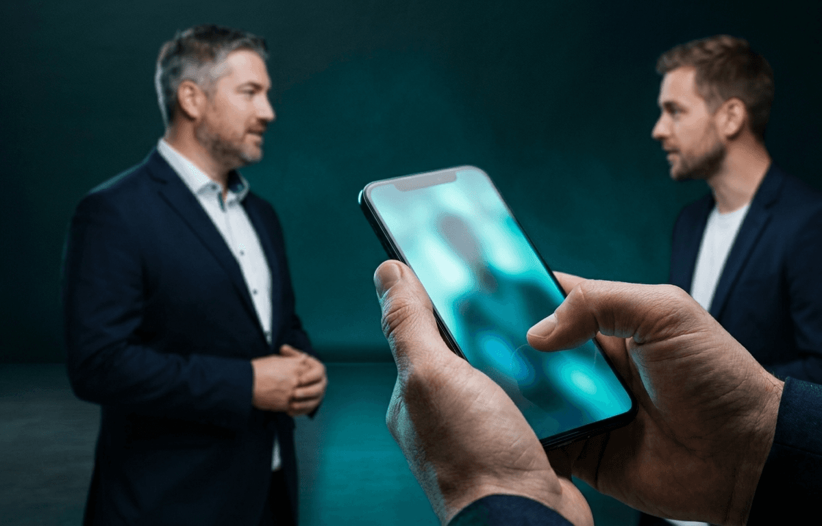 Hand hält ein Smartphone für einen Anruf, im Hintergrund sprechen zwei Männer in Sakkos miteinander