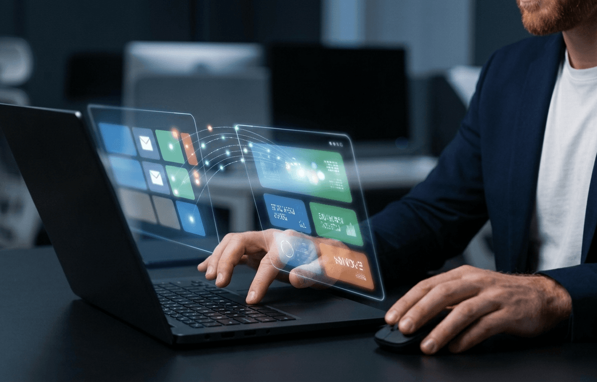 Person am Laptop, darüber eingeblendete E-Mail-Kacheln, die ein E-Mail-Agent mit KI in sortierte Bereiche verteilt