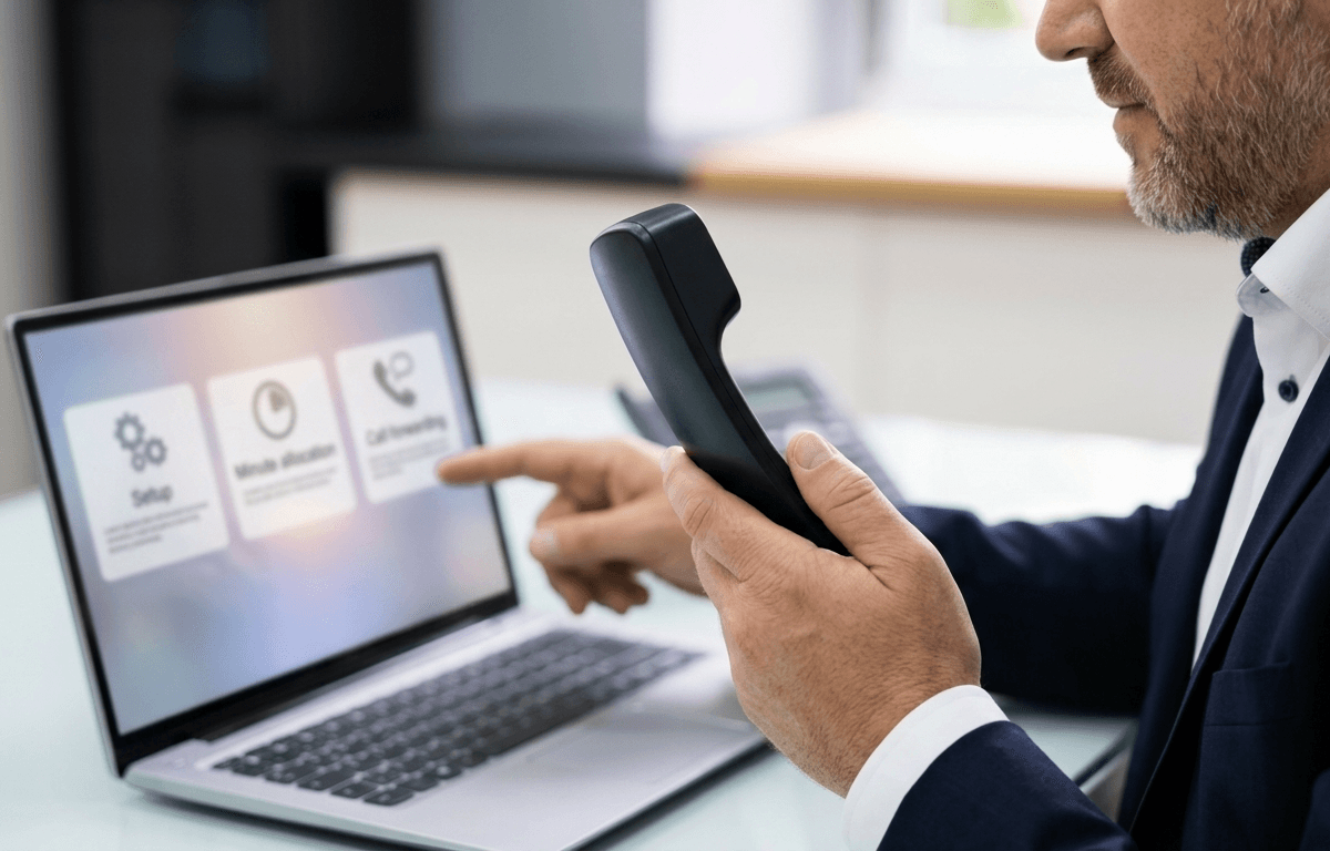 Mann mit Telefonhörer zeigt auf einen Laptop mit drei Kacheln zu Setup, Minutenkontingent und Rufweiterleitung