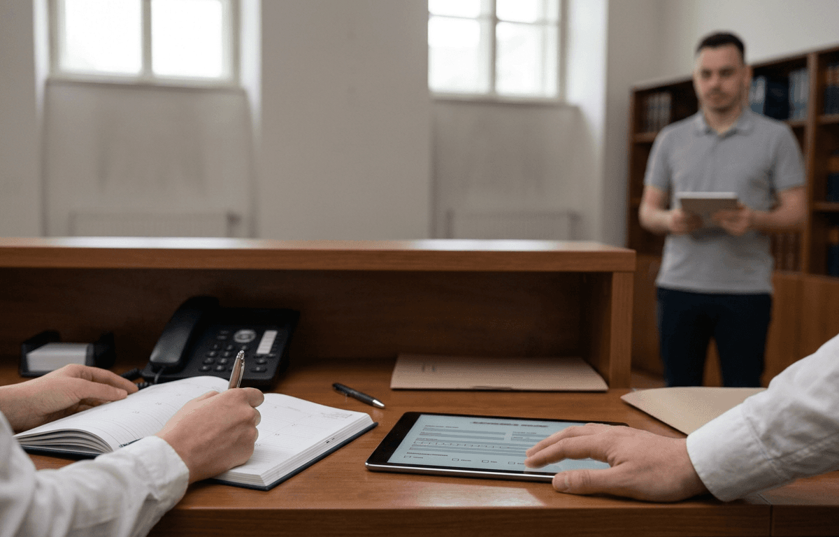 Empfangstresen einer Kanzlei: Hände an Terminkalender und Tablet, daneben ein Telefon, im Hintergrund ein Mitarbeiter