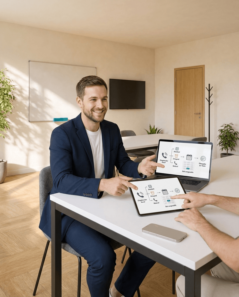 Berater zeigt auf Tablet und Laptop den Ablauf eines KI-Telefonassistenten vom Anruf bis zur Übergabe ans Team