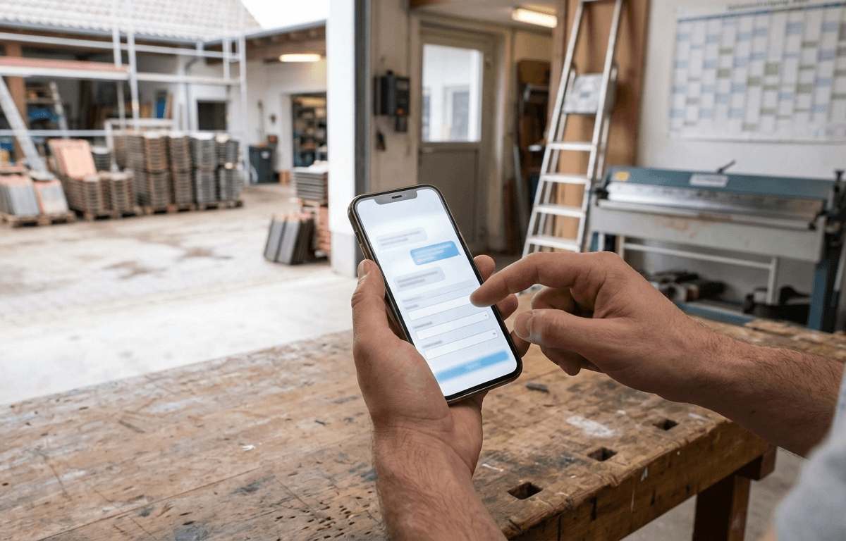 Hände halten ein Smartphone mit Nachrichtenverlauf über einer Werkbank, im Hintergrund Paletten mit Dachziegeln