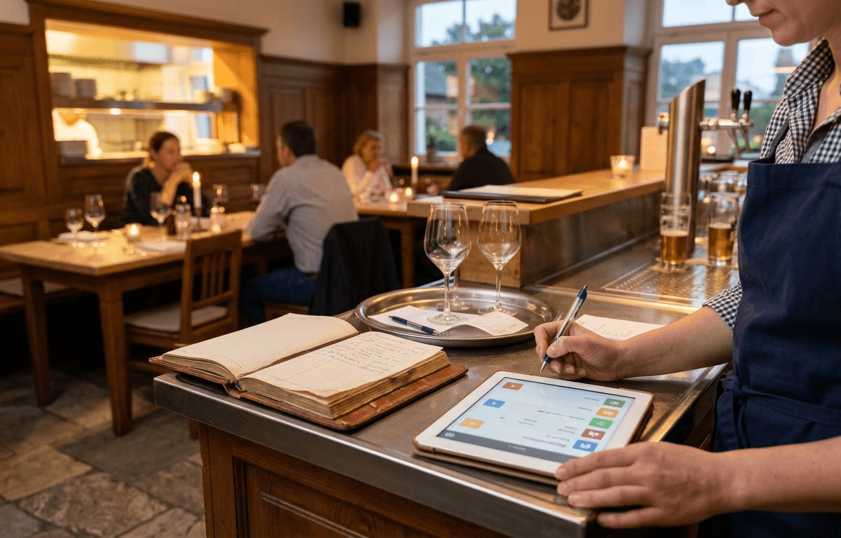Servicekraft tippt am Tresen auf ein Tablet neben einem handgeschriebenen Buch, dahinter Gäste bei Kerzenlicht